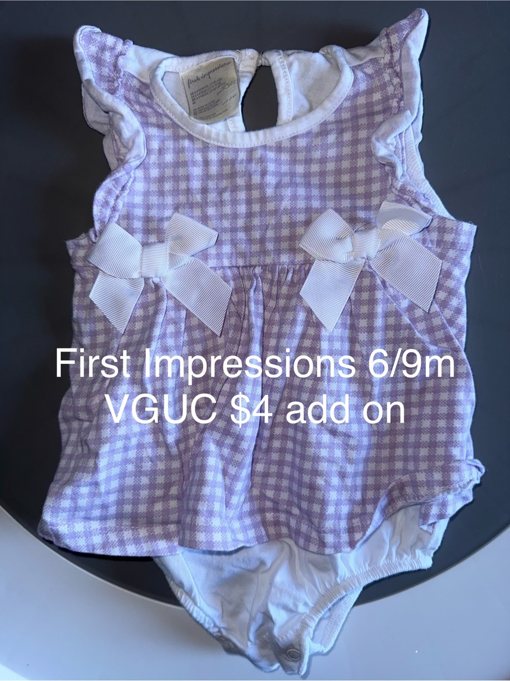 First Impressions Lavender Gingham Baby Dress Romper with White Bows